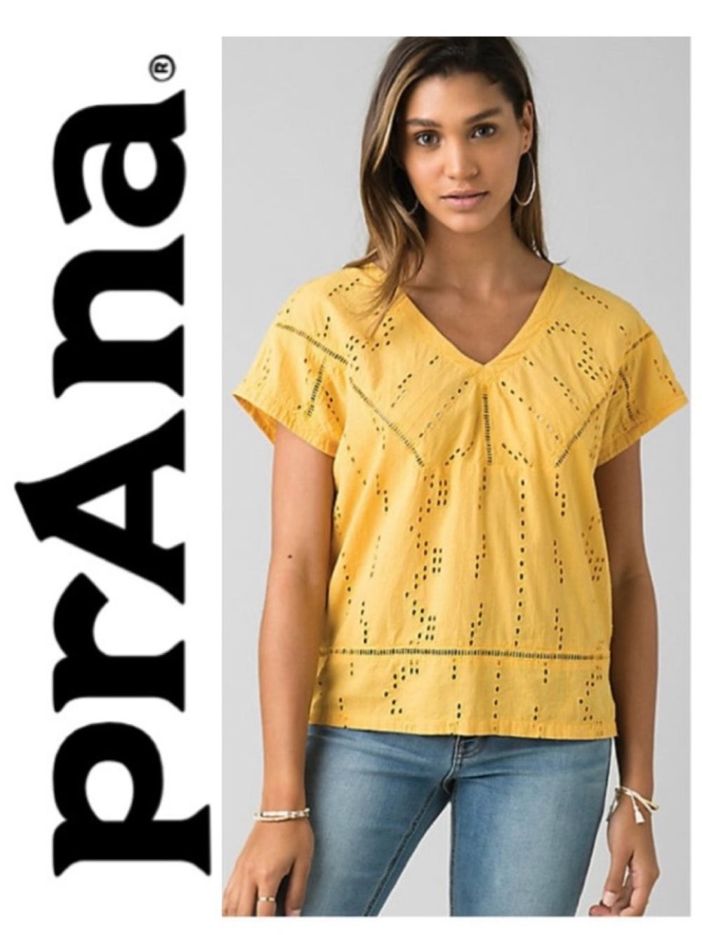PRANA Keelie Top V-Neck Short Sleeve Lace Insets Gold Yellow Mustard Women's M